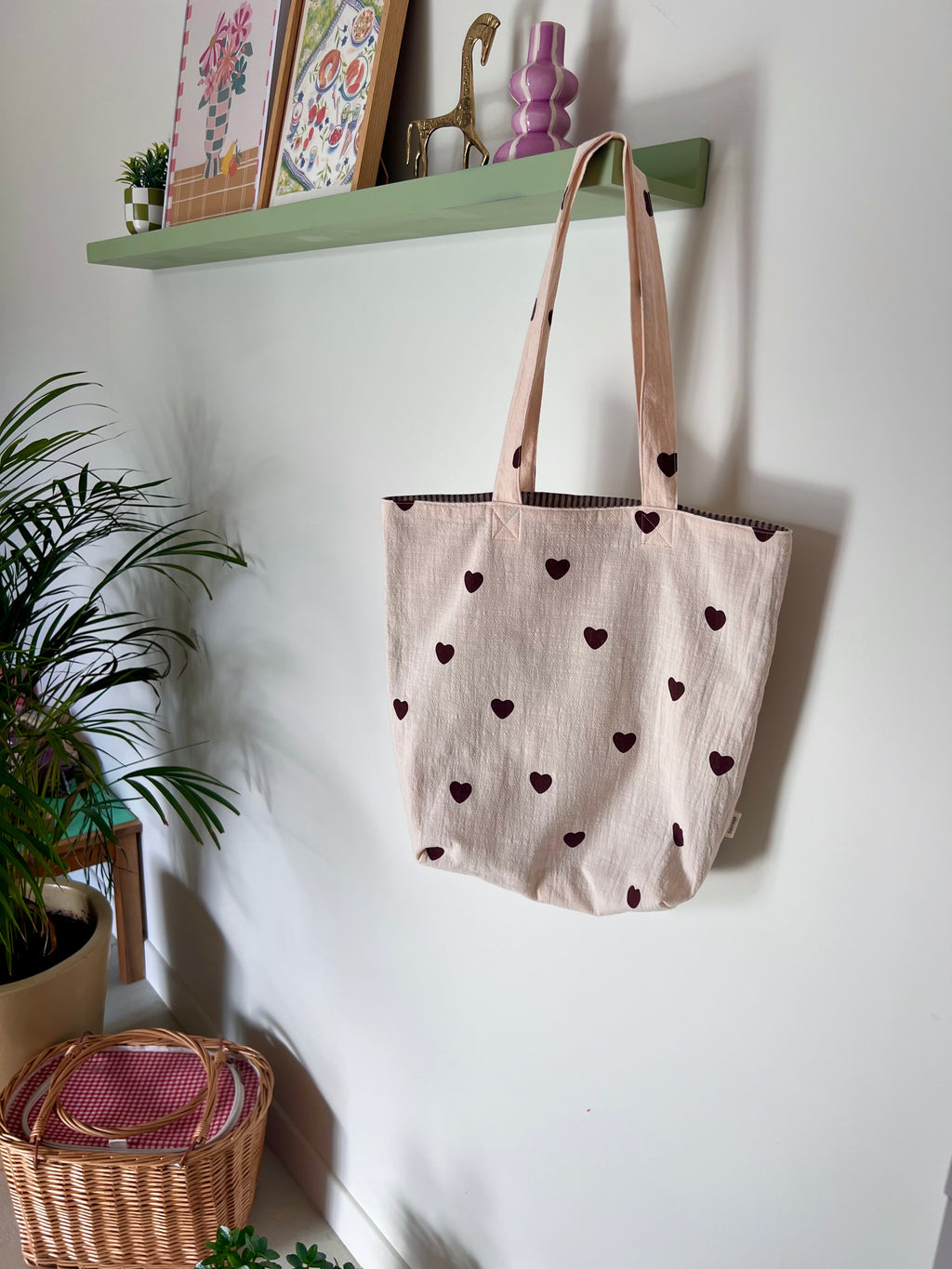 Le Tote Coeur Rayé | Tote bag réversible – sac cabas en coton cousu main, durable & éco-responsable
